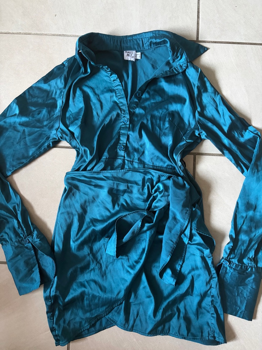 Silky Teal Long-Sleeve faux wrap dress
